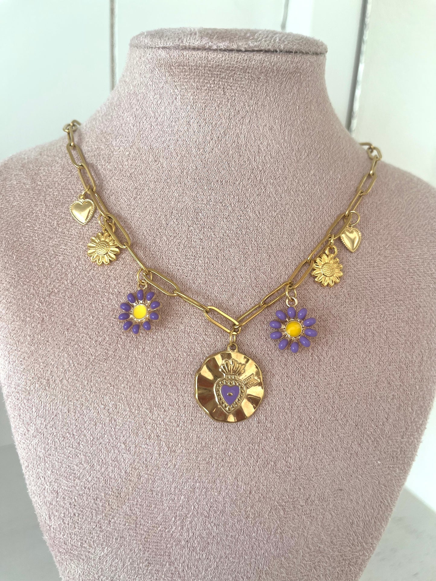 Bedelketting Puple flowers - goud