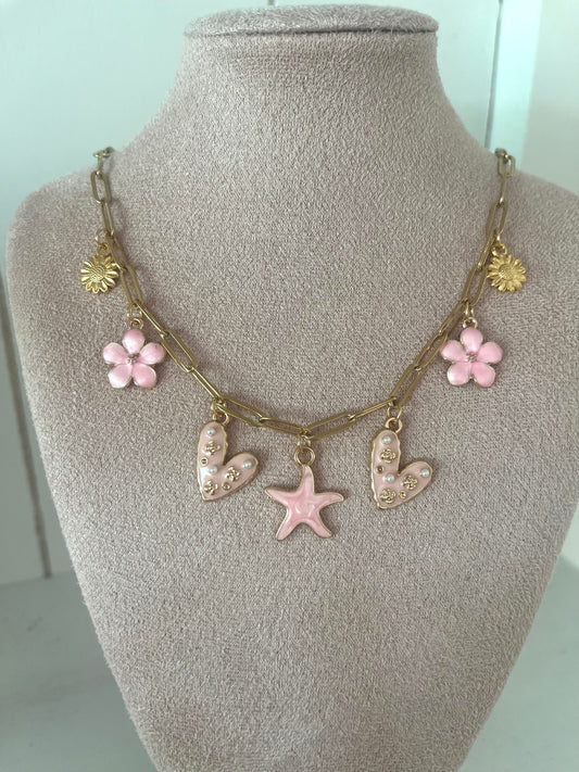 Bedelketting pink hearts - goud